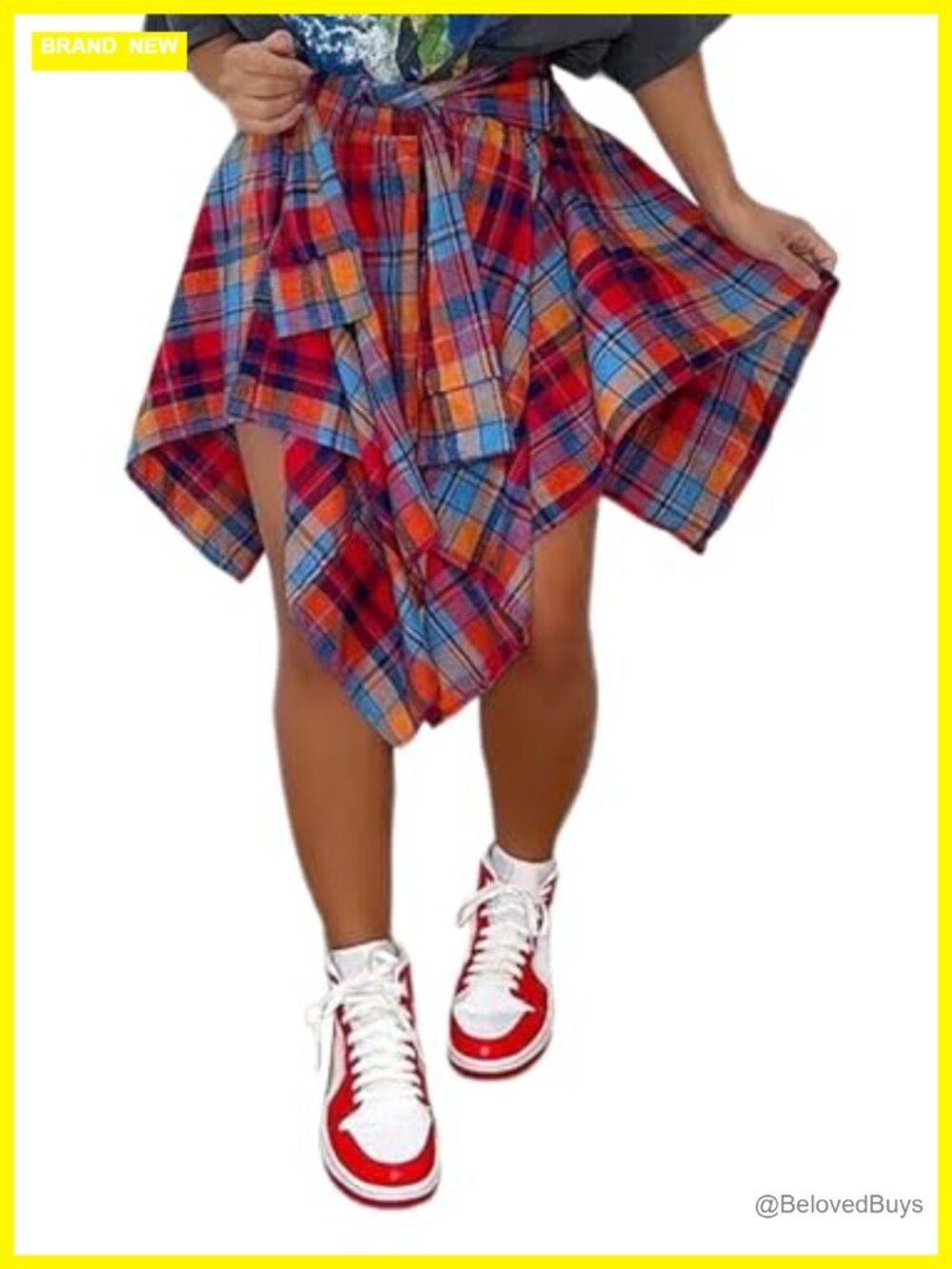 Plaid Pleated Skort Elastic High Waist Knot Front Mini Skirt Polyester Spandex